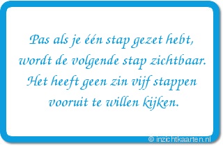 Pas als je één stap gezet hebt,
wordt de volgende stap zichtbaar.
Het heeft geen zin vijf stappen
vooruit te willen kijken.
